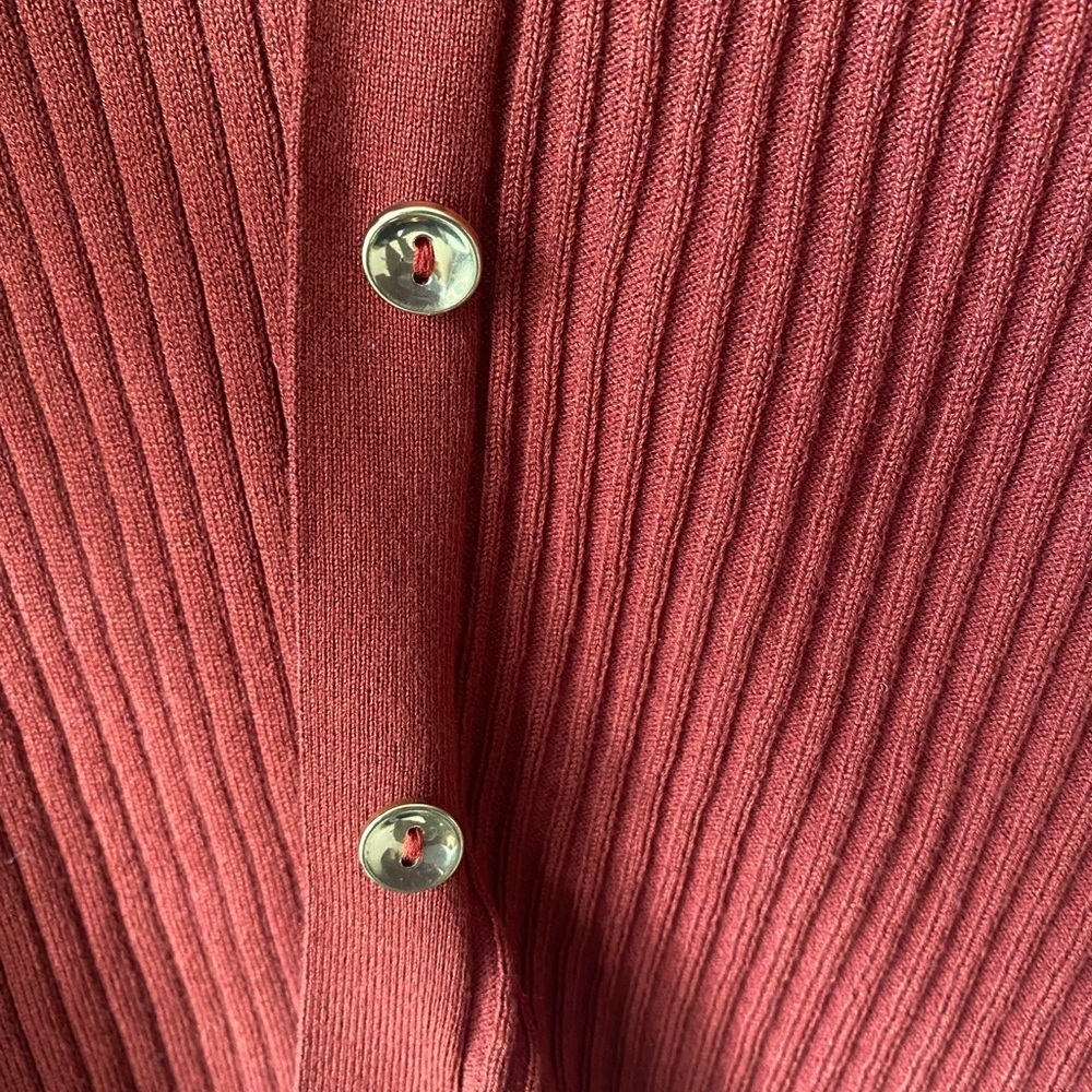 Cleo Rust Ribbed V Neck Gold Button Cardigan - Picture 3 of 6